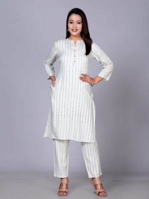 White Geometric Printed Stright Kurta with Trousers