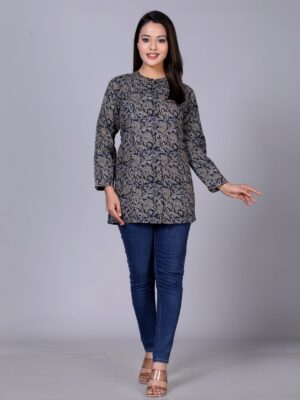 Women Classic Floral Printed Mandarin Collar Longline Casual Pure Cotton Shirt