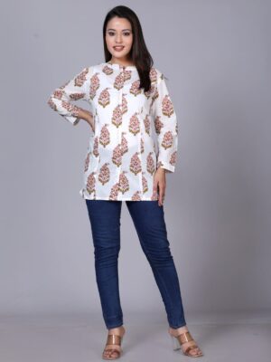 Classic Floral Printed Mandarin Collar Longline Casual Shirt