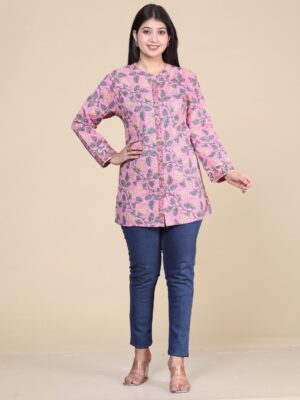 Classic Floral Printed Mandarin Collar Long Sleeves Cotton Casual Shirt