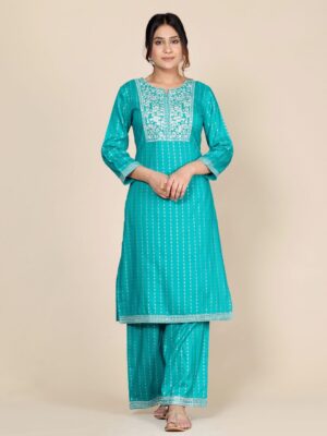 Floral Printed Round Neck Three-Quarter Sleeves Thread Work Kurta with Palazzos