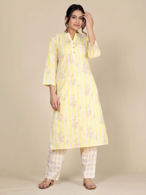 Floral Printed Mandarin Collar Three-Quarter Sleeves Pure Cotton Kurta Set