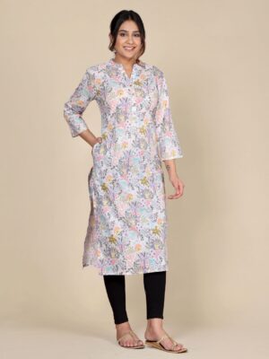 Floral Printed Cotton Angrakha Straight Kurta