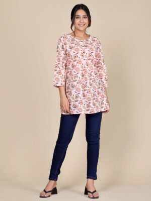 Floral Printed Round Neck Pure Cotton Kurti