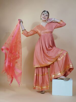 V-Neck Gotta Patti Detail Pure Silk Kurta With Sharara & Dupatta