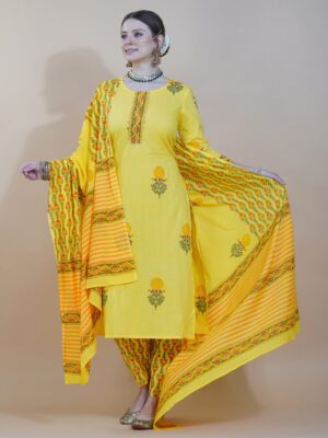 Handblock Printed Pure Cotton Kurta With Pant & Dupatta