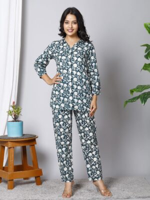 Floral Printed V-Neck Three-Quarter Sleeve Pure Cotton Co-Ords Set