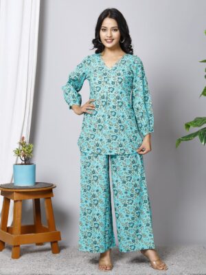 Floral Printed Pure Cotton Tunic With Palazzos