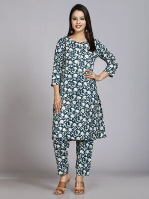 Blue Floral Printed Straight Round Neck Pure Cotton Kurta With Trouser