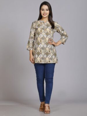 Brown Floral Printed Pure Cotton Kurti