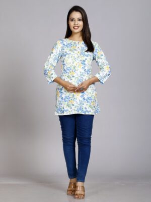 Blue Floral Printed Pure Cotton Kurti